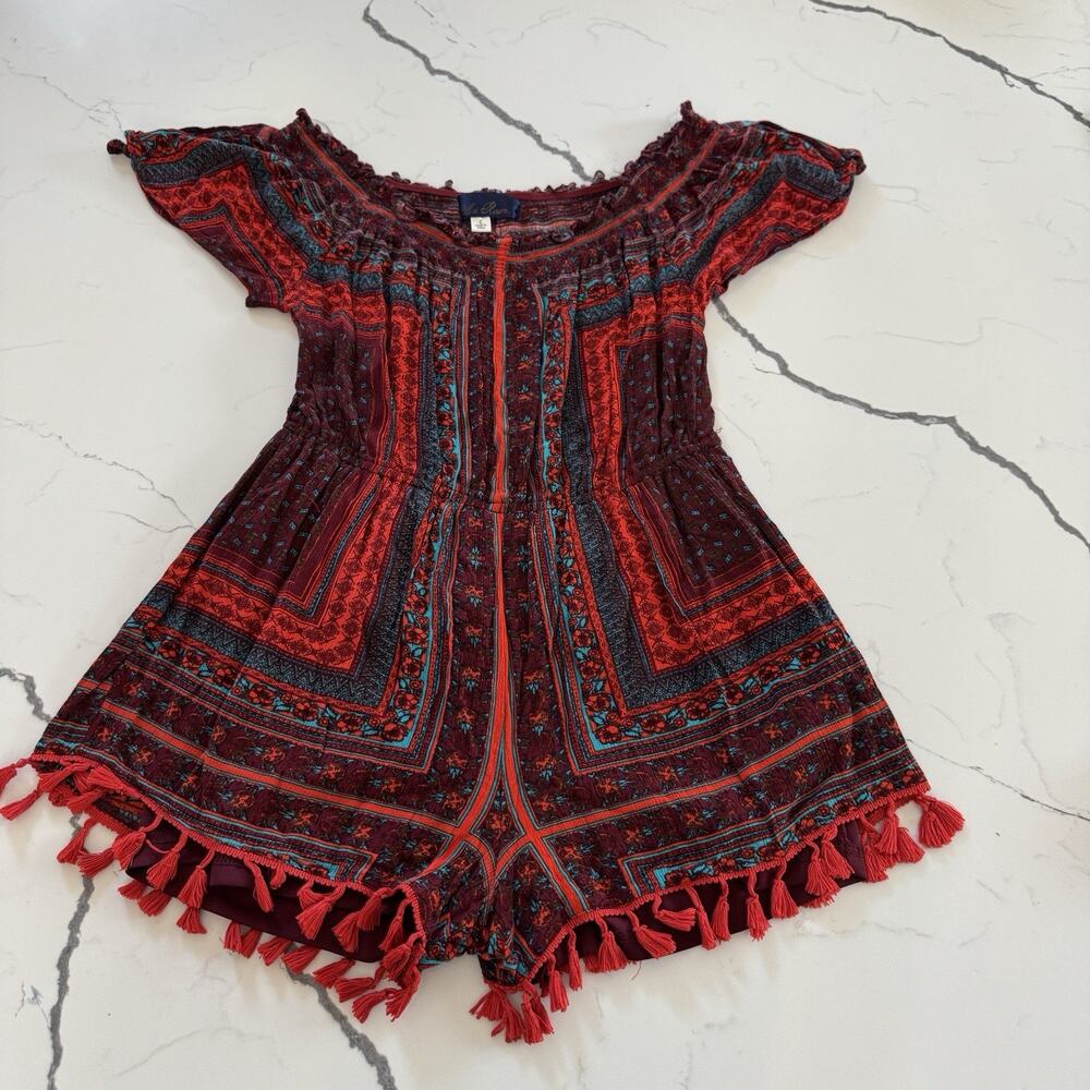 Blue Rain Womens Large Boho Romper Red Burgundy Tassel Off Shoulder Festival